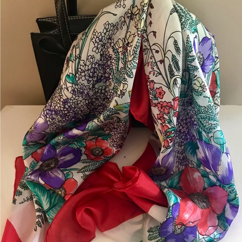 WILD FLOWERS vintage silk scarf, hand rolled